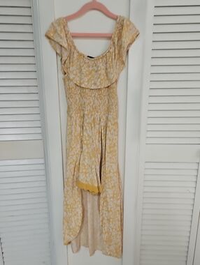 Yellow Floral Ruffle High-Low Kids Romper With Half Skirt
